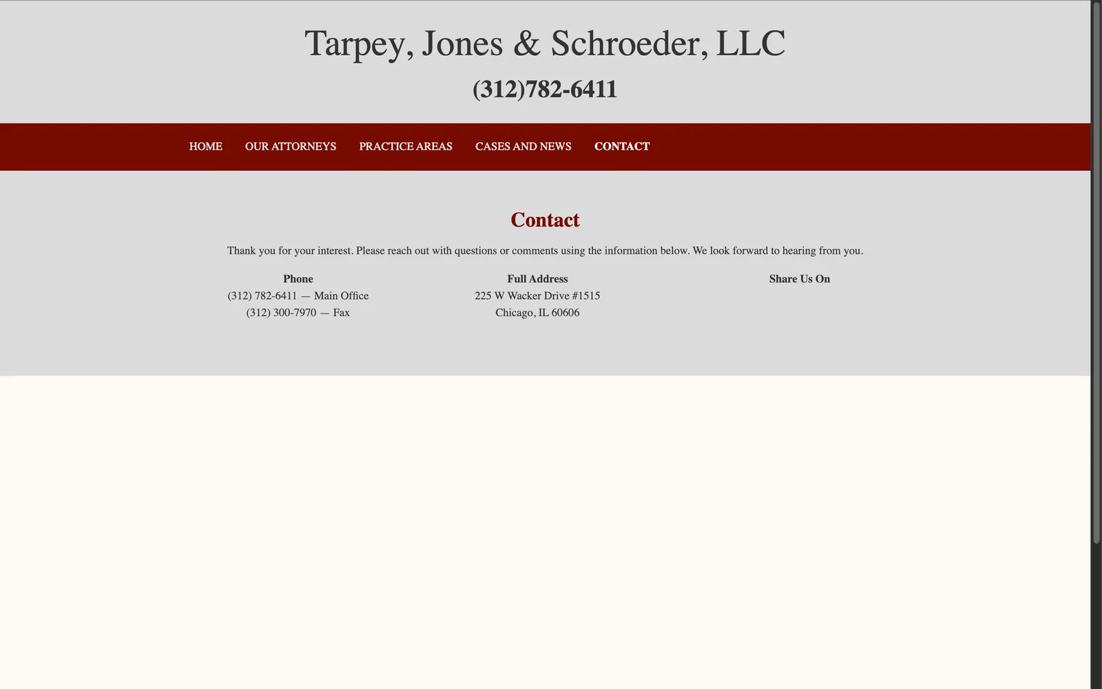 Archived Tarpey contact page showing the firm’s phone number and address, captured from the February 2026 Web Archive snapshot.