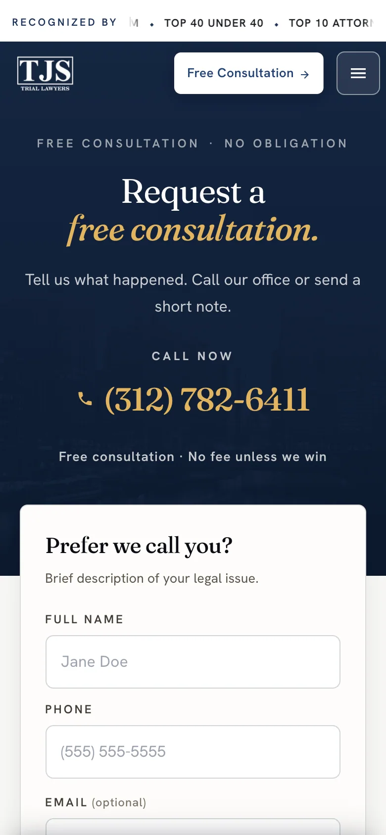 Tarpey contact experience at a 390 pixel mobile viewport.