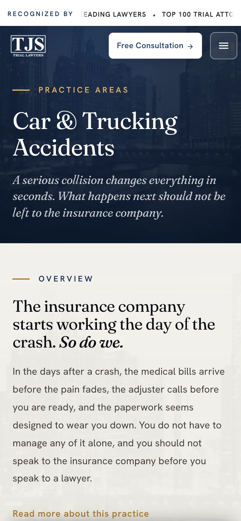 Tarpey car and trucking accidents page at a 390 pixel mobile viewport.